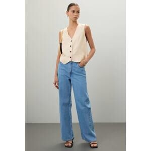 LOVE, WHIT Beige Sleeveless Linen Blend Front Button Closure Vest Size 2